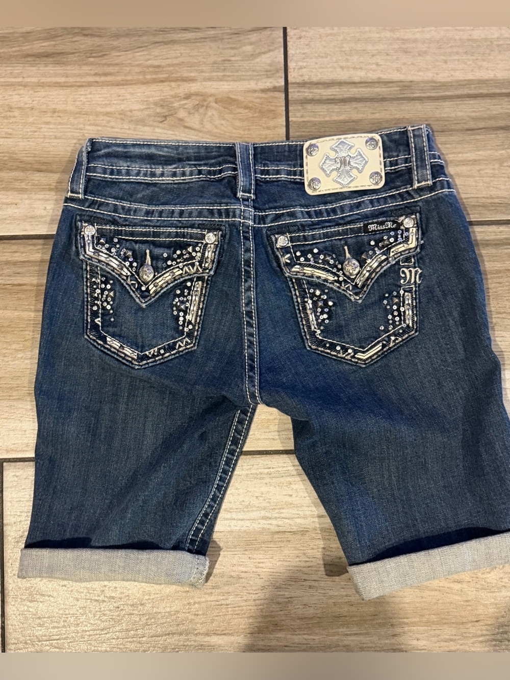 Vintage Miss Me Dark Blue Embellished Signature Bermuda Jeans Shorts